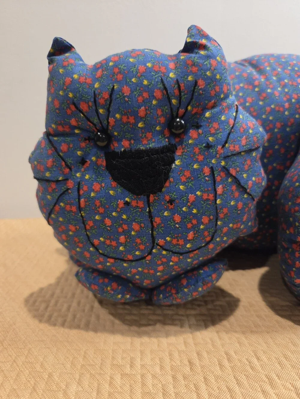 Vintage Handmade Cottagecore Blue Floral Cat Plush Doorstopper